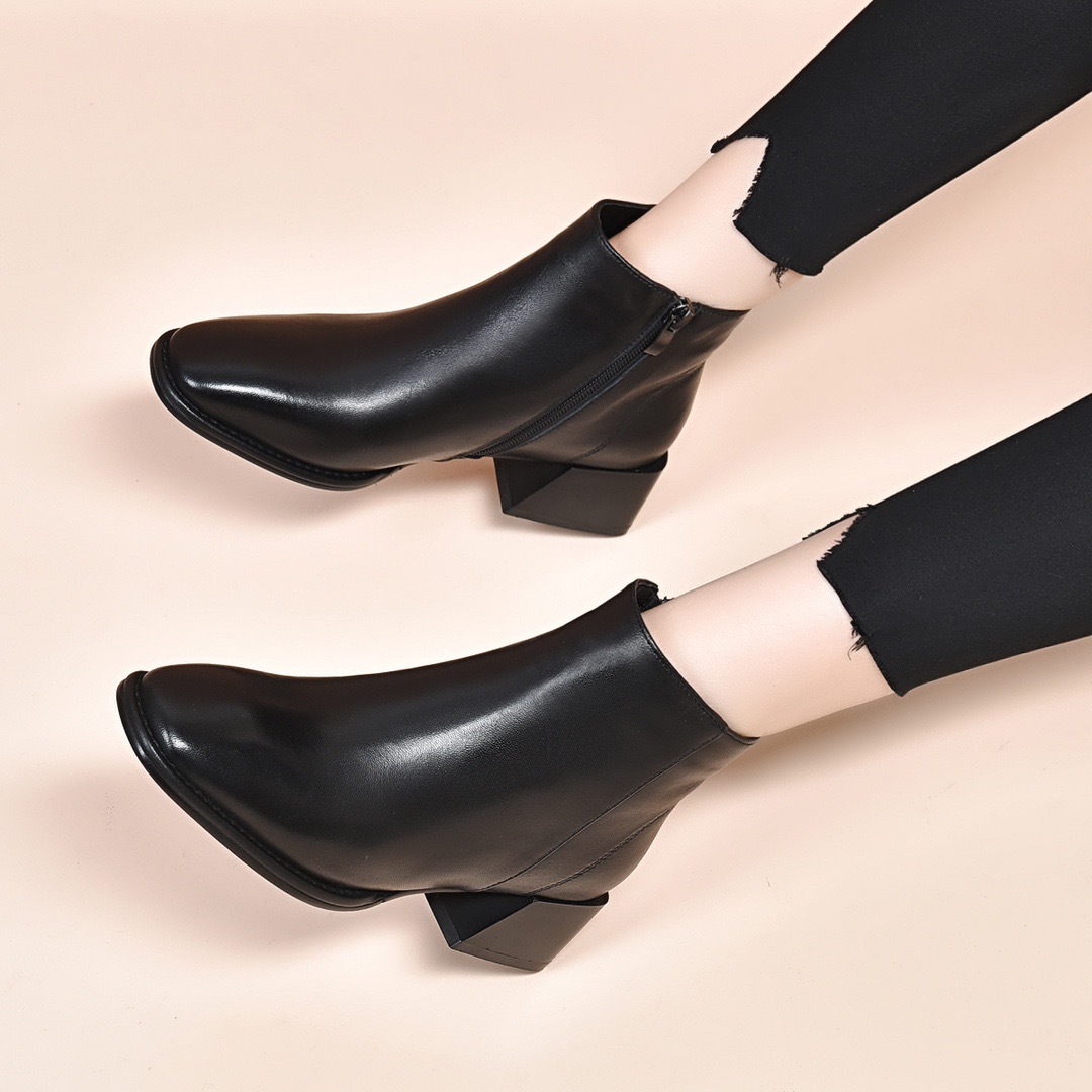 Full cowhide pointed toe short boots for women's mid-heel thick-heeled nude boots spring and autumn single boots for women's shoes for winter genuine leather coffee side zipper