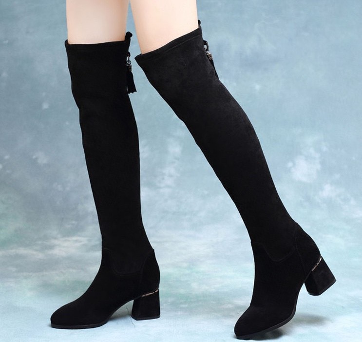 Seasonal matte mid-heel long boots over-knee boots for women's genuine leather high heel high boots thick heels