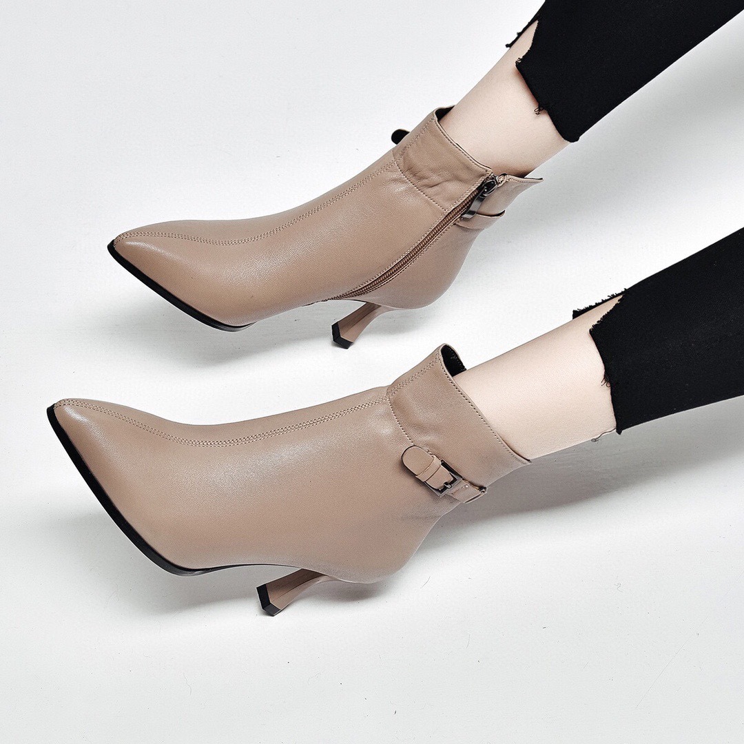Cowhide high heels design and temperament spring and autumn short boots pointed toe thin-heeled leather winter plus velvet cotton boots